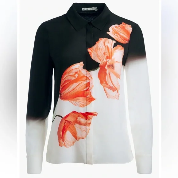 Alice + Olivia Brady Floral Slim Fit Silk Button-Up Shirt size M - Picture 1 of 10